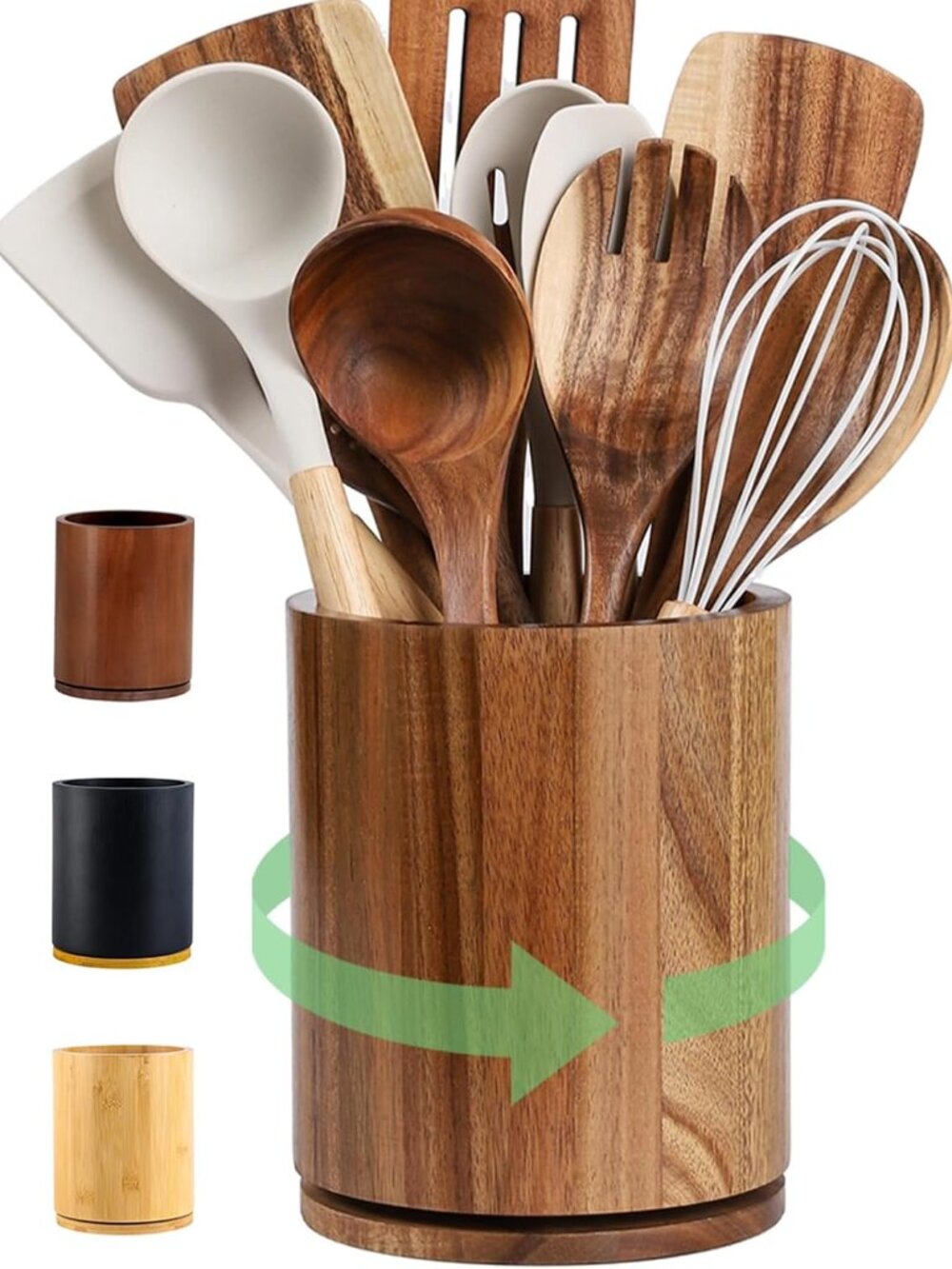 Acacia Wood Utensil Holder, 360° Rotating 7.3 in Kitchen Organizer
